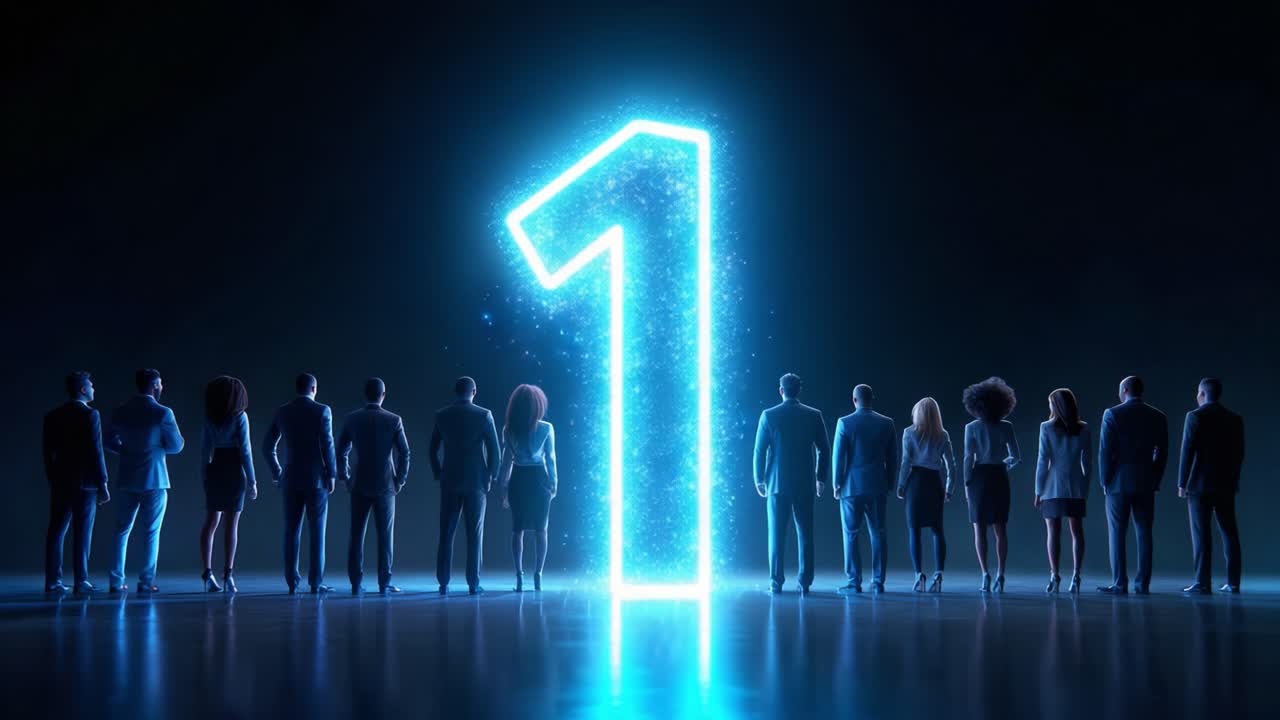 A group of diverse individuals stands against a dark backdrop, forming a striking silhouette aligned with a luminous blue number one, symbolizing unity and a new beginning