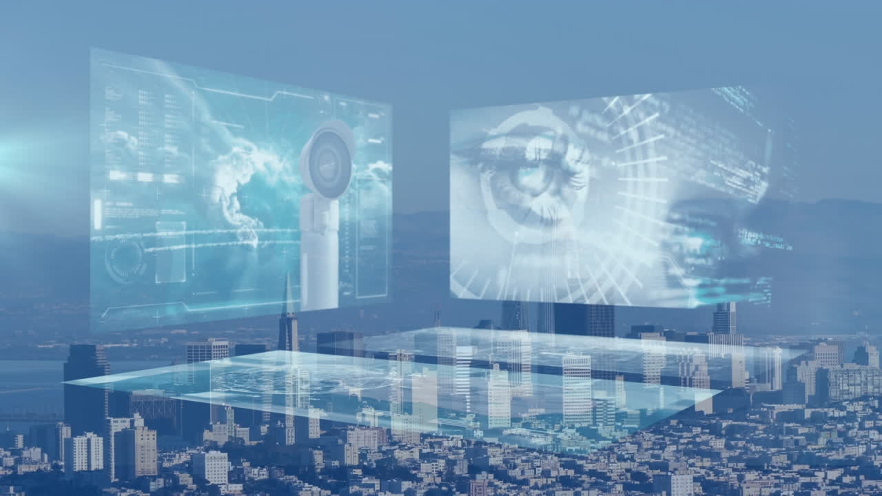 화면과 파란색 배경에 도시 풍경에 대한 통계 및 금융 데이터 처리의 애니메이션