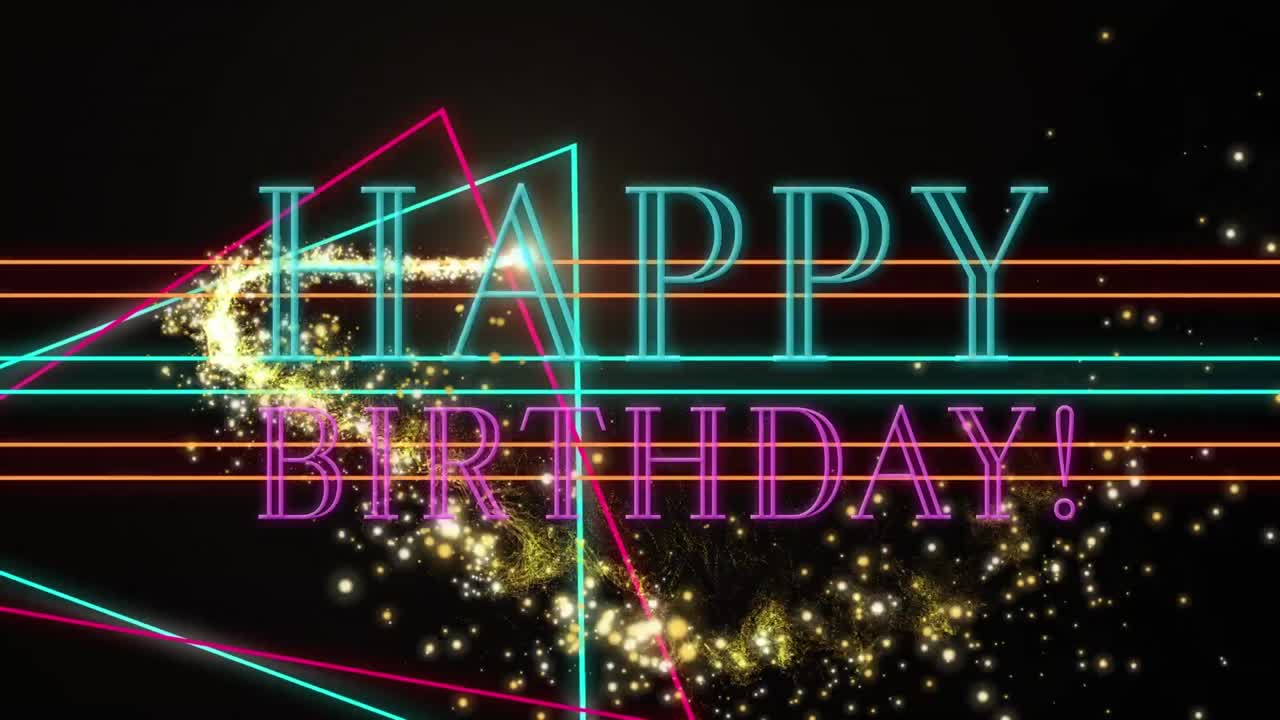 검은 바탕에 모양과 밝은 반점 위에 생일 축하 텍스트의 애니메이션.
