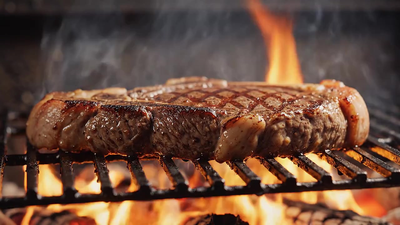 Succulenta bistecca di manzo alla griglia su fiamme vive con fumo.