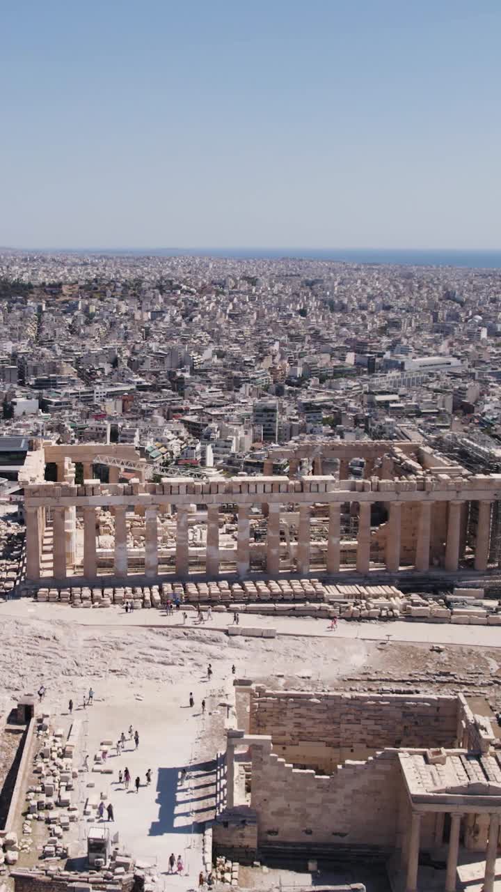 Aerial view showing the Parthenon and Acropolis of Athens, overlooking the city. Vertical Video