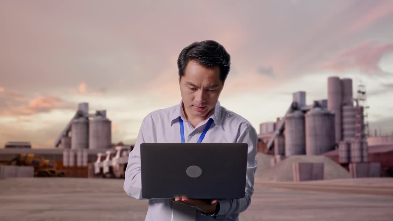 Aziatische mannelijke professionele werknemer staat met zijn laptop bij een industriële cementfabriek met zonsondergang, werkt continu