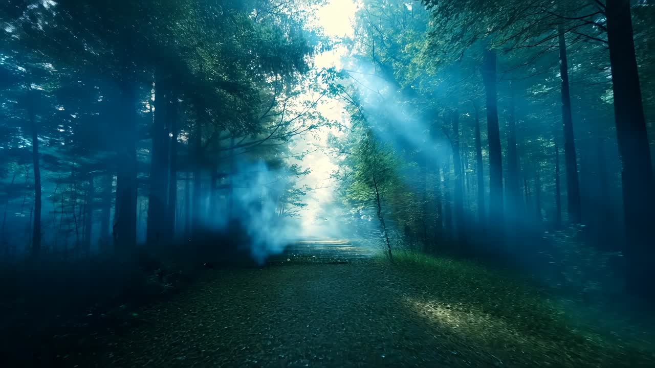 Matalalla ajelehtiva sumu siirtyy kohti keskustaa metsäpolulla, tuulenhenki tuuppaa sumua ja auringonsäteitä