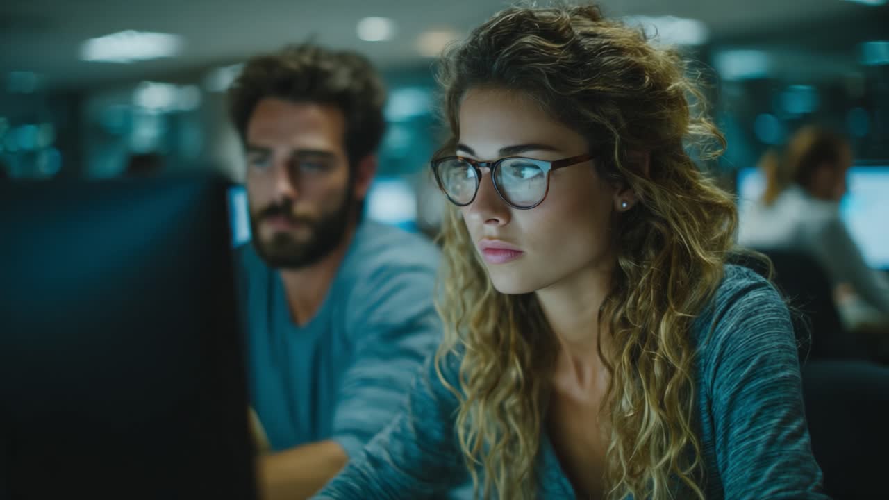 Focused Collaboration: A Young Woman in Glasses Engages Deeply with Her Computer Screen While Her Colleague Works Nearby in a Modern Office Environment