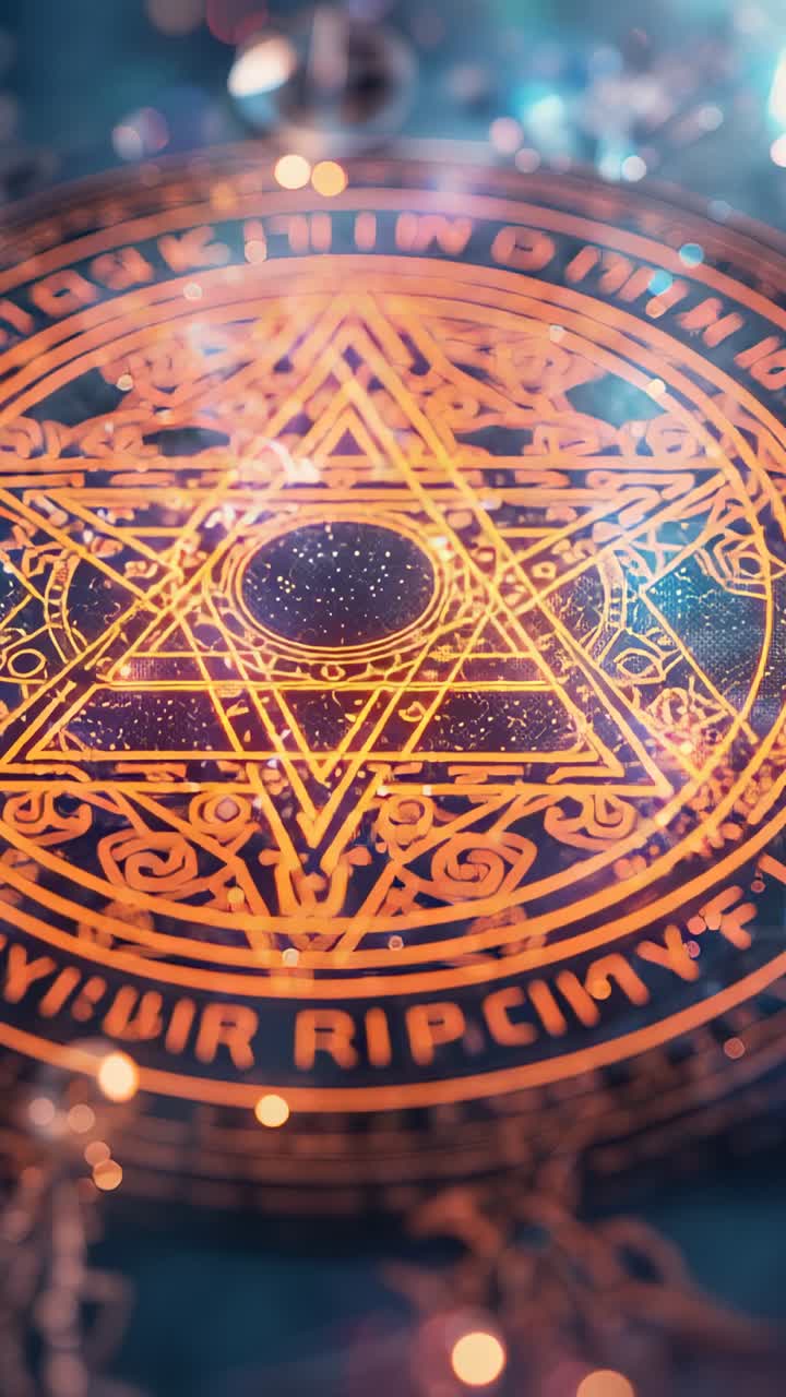 Vertical video: Emitting runic lines, golden hexagram star emerging at altar with rising sparks