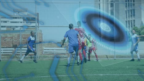 microprocessor connections and round scanner against two teams of male soccer players playing soccer