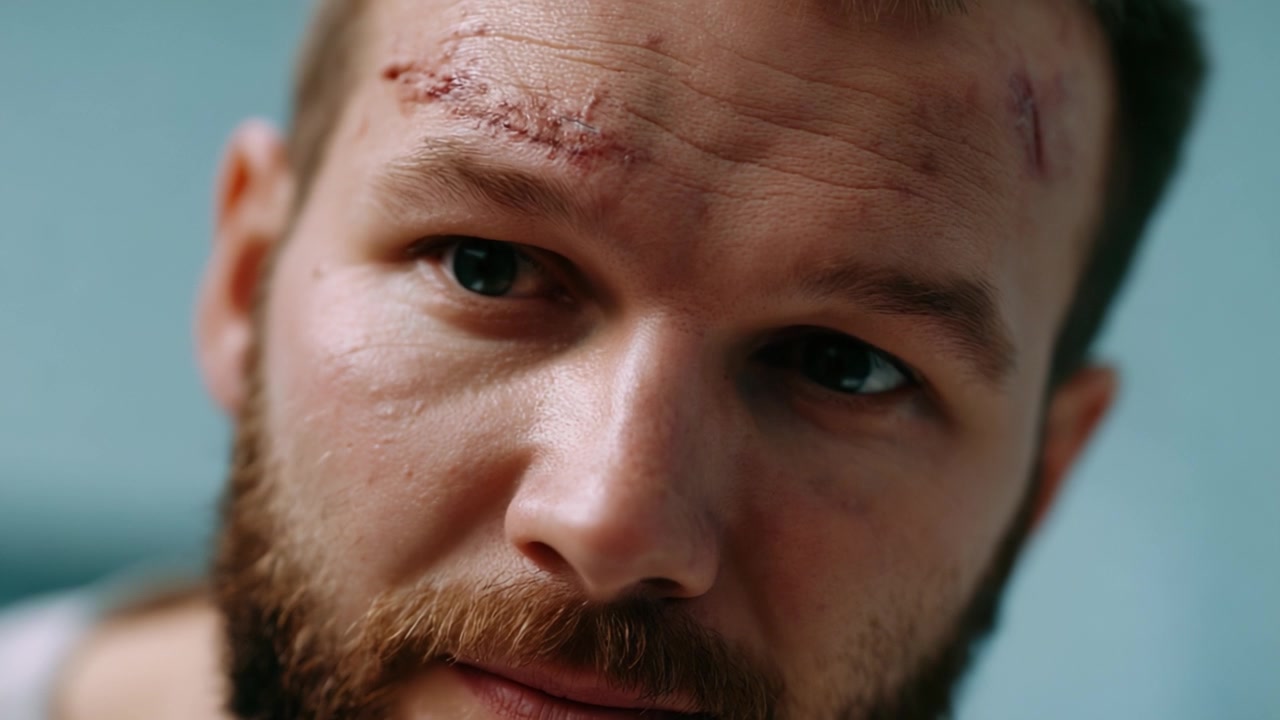 A close-up view of a man with facial scars and a thoughtful expression, showcasing the resilience of the human spirit in the face of adversity through his eyes and demeanor.