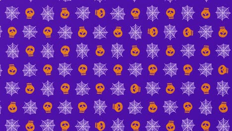 Animation-of-moving-spiders-webs-and-skulls-on-purple-background