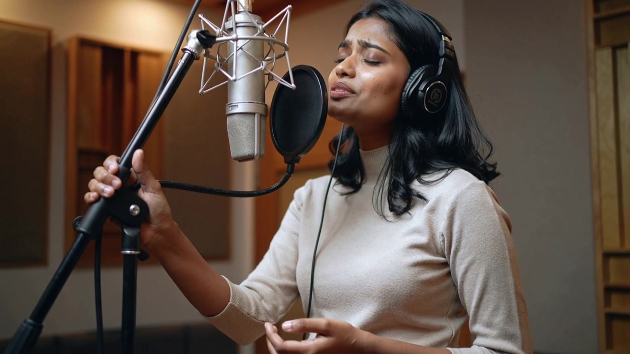 Inizio della ripresa di registrazione, donna indiana che canta, vestita di beige, in studio, con un'asta del microfono in mano e che monitora.