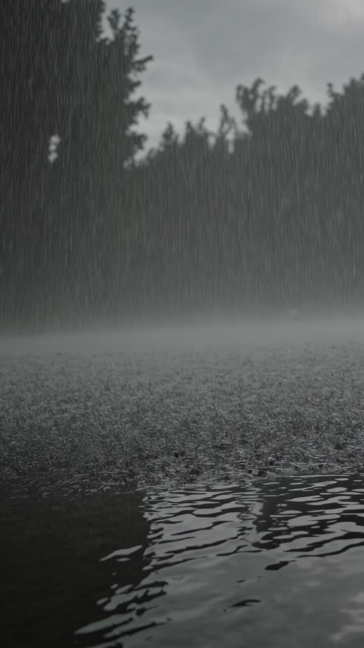 Escena de vídeo cinematográfica y sombría de lluvia intensa sobre asfalto