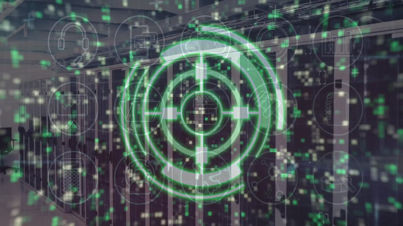 Animation of scope scanning with icons and moving columns over server room