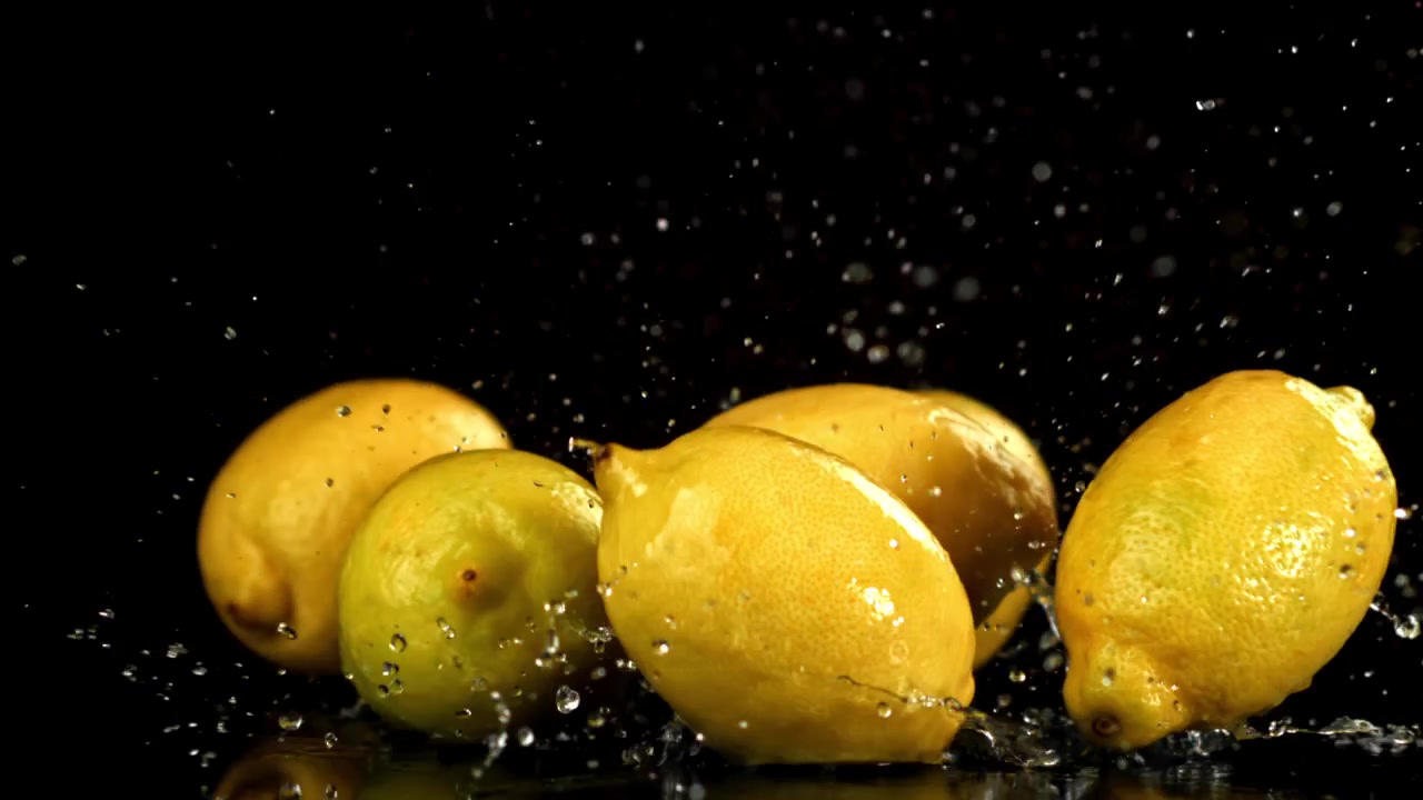 Limoni freschi che cadono e schizzano acqua su sfondo nero al rallentatore