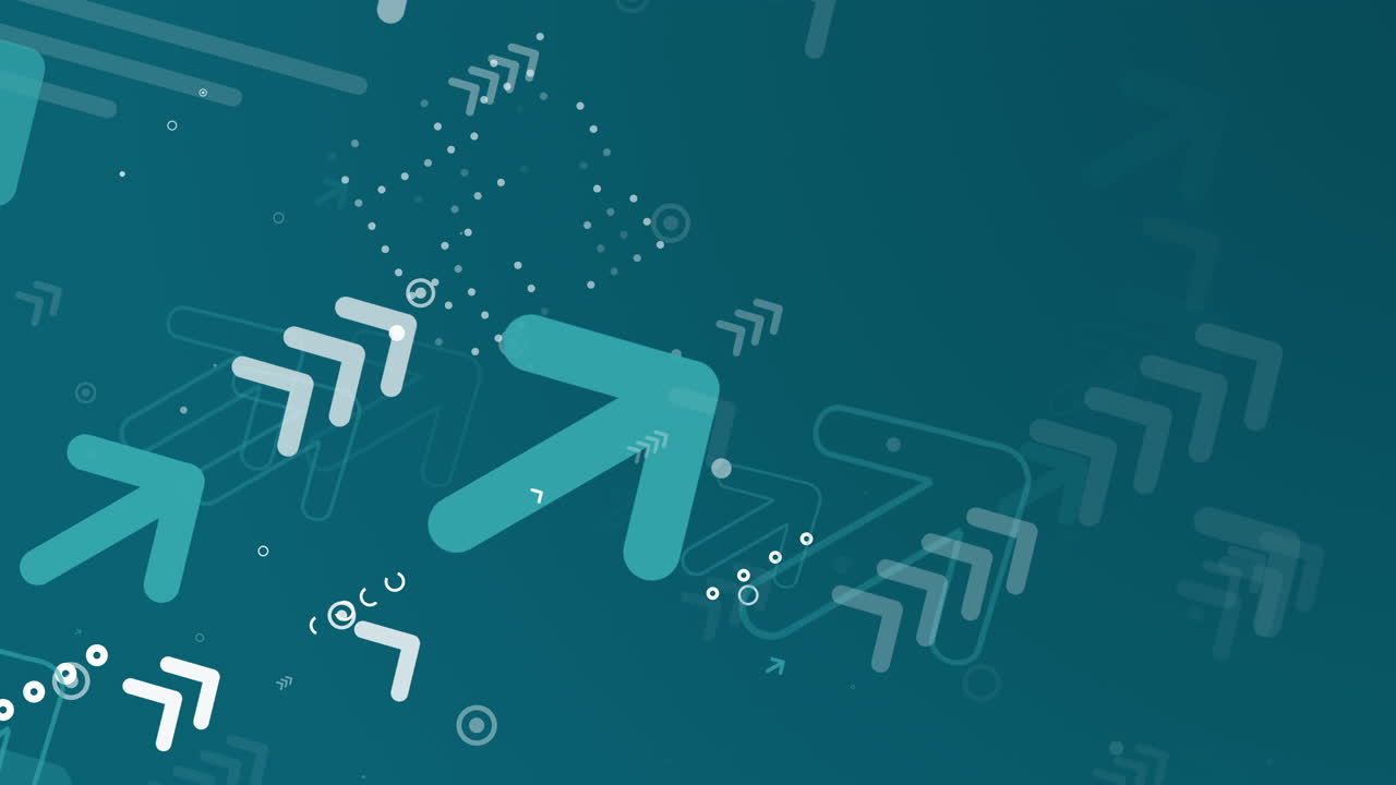 Diagonal upward movement of arrows, pointers and geometric shapes on blue background. Dynamic technical business looped animation.