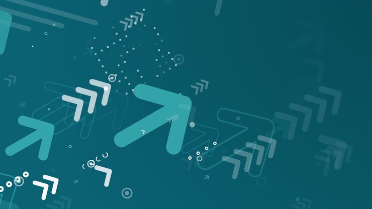 Diagonal upward movement of arrows, pointers and geometric shapes on blue background. Dynamic technical business looped animation.