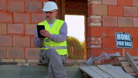 arquitecto ingeniero constructor operar con tableta digital para controlar el trabajo en el sitio de construcción de la casa