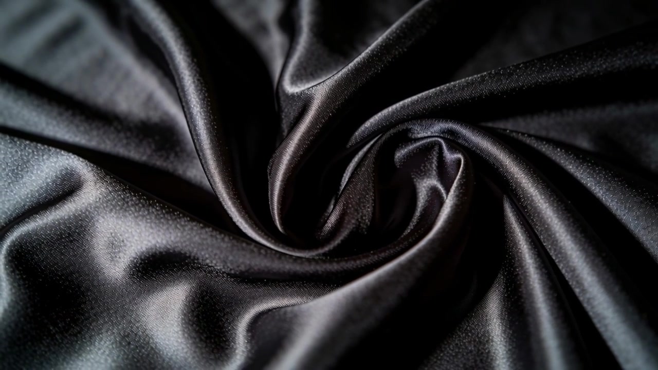 Luce direzionale morbida e mutevole che modella una spirale di raso nero su un tavolo da studio, mostrando i riflessi.