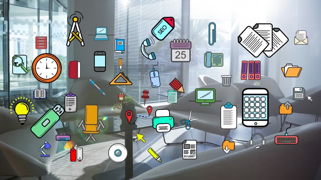 animación de iconos de negocios y oficinas sobre la oficina