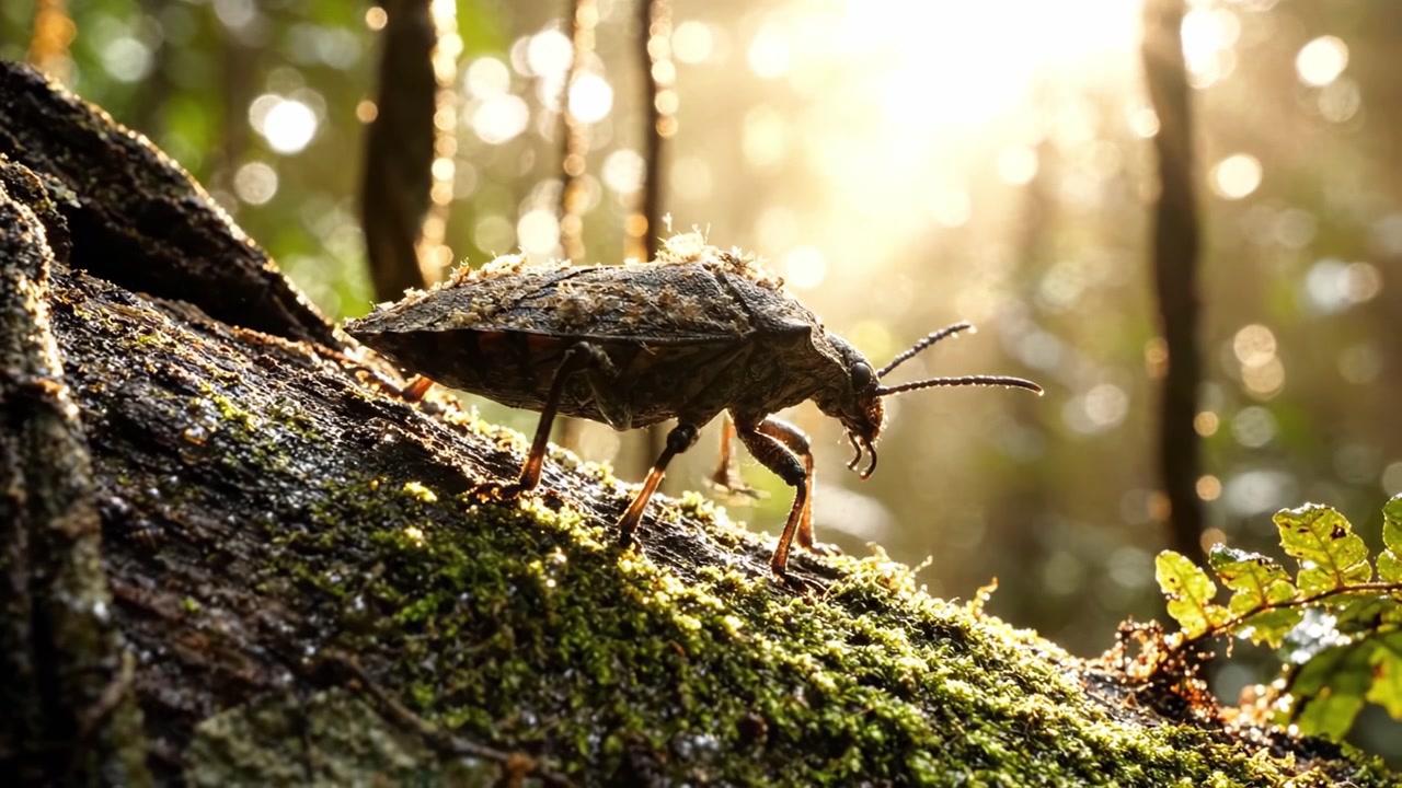 Un affascinante primo piano di un insetto unico che striscia su un tronco coperto di muschio in una foresta illuminata dal sole, catturando la bellezza dei dettagli della natura e dei microhabitat