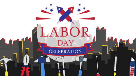 animation of labor day celebration text over cityscape