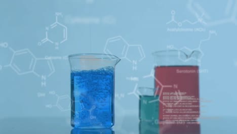 laboratory beakers with data and structural formula of chemical compounds in the foreground