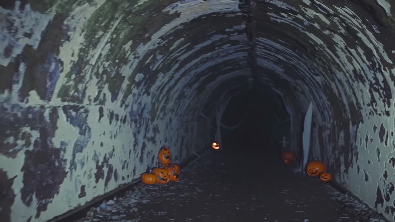 Carved jack o' lanterns radiating haunting light within shadowy, forgotten underground passage, intricate cobwebs draping surrounding surfaces, generating spine chilling Halloween ambiance