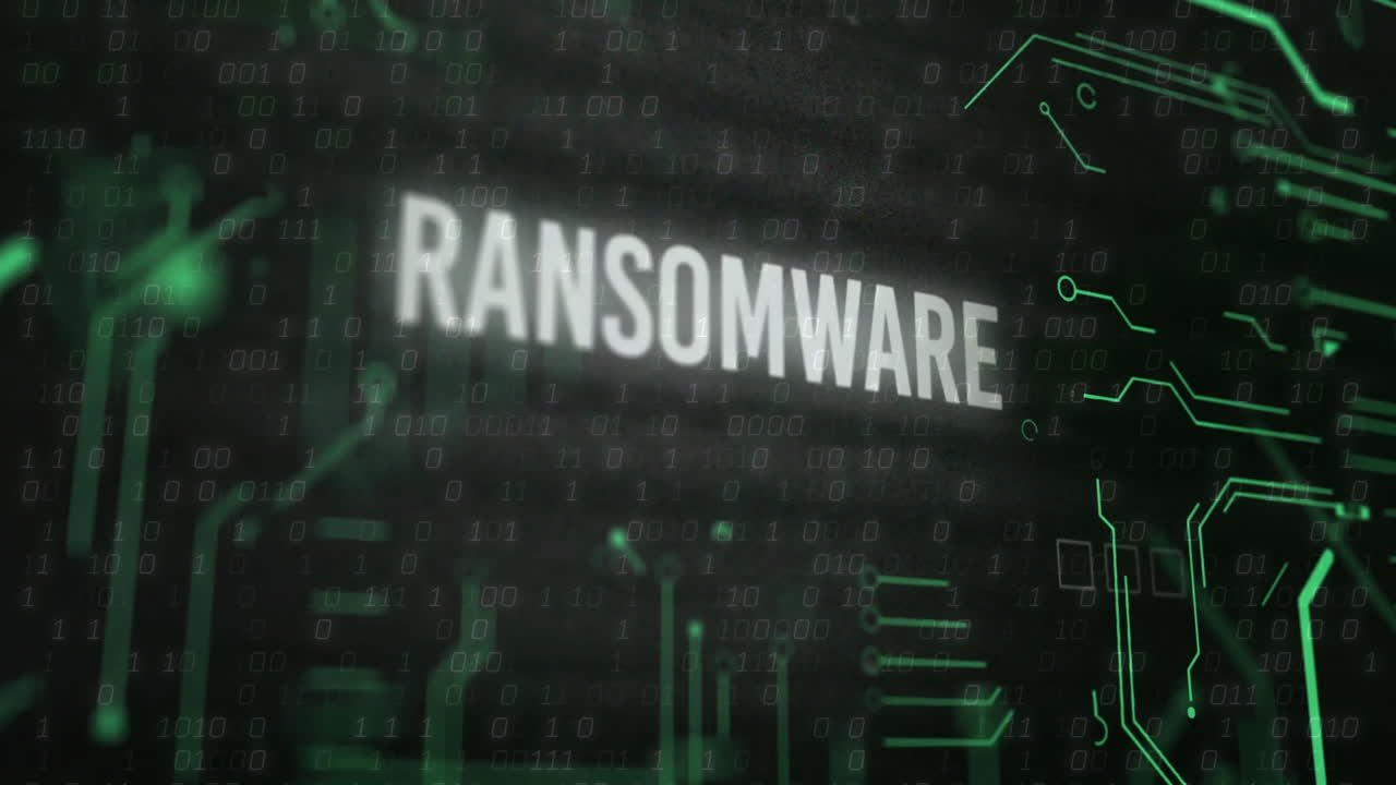 RANSOMWARE text over binary code and digital data animation
