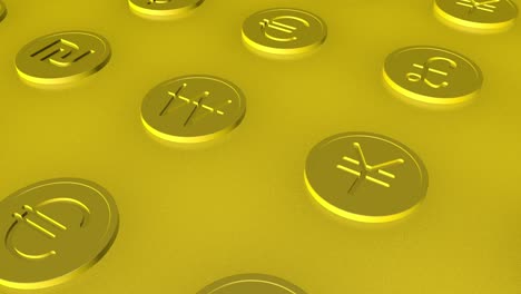 cámara moviéndose a través de monedas de oro con signos de moneda