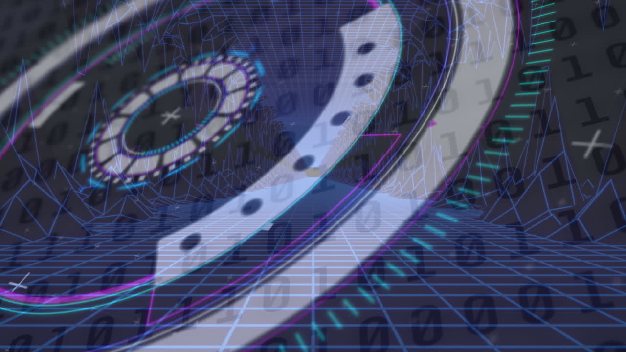 파란색 배경에 바이너리 코딩 데이터 처리에 대한 네온 둥근 스캐너