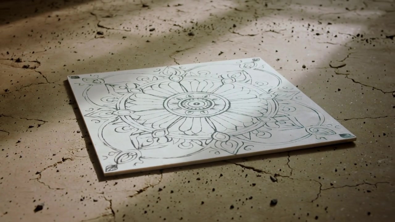Telecamera che si muove in panoramica e si alza mentre i fotogrammi avanzano, rivelando una piastrella mandala su un pavimento crepato con segni agli angoli
