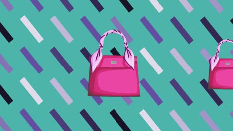 animation of pink handbags over abstract patterns on blue on background