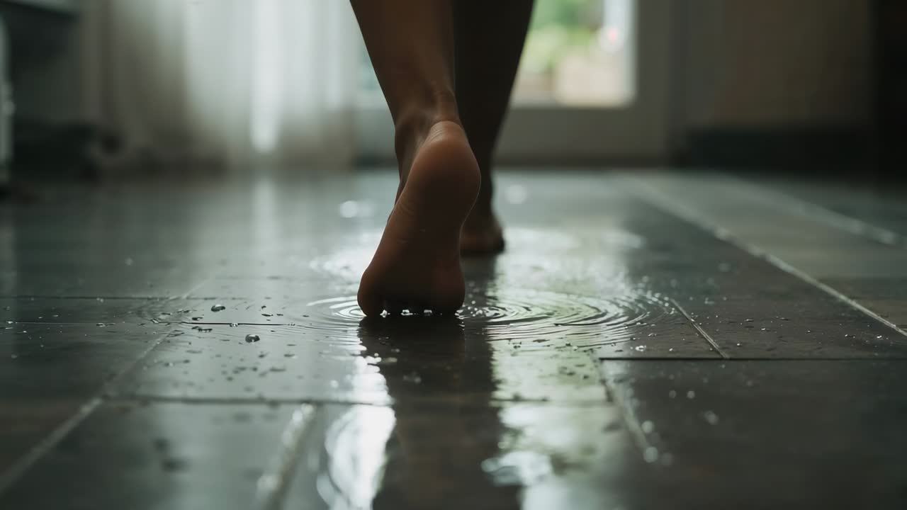 Mulher descalça levantando o pé, pisando em uma poça no corredor de casa em direção a uma porta de vidro, formando ondulações.