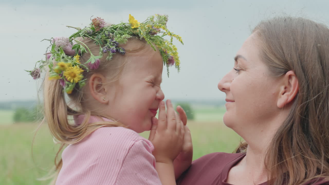 Weiße Mutter und Tochter auf der Wiese: Eine Betreuerin tröstet ein weinendes Kind mit einem Blumenkranz, ein sanfter Kuss auf die Wange, zarte Umarmung, Sommerfeld, weiches, bedecktes Licht, emotionaler Familienmoment
