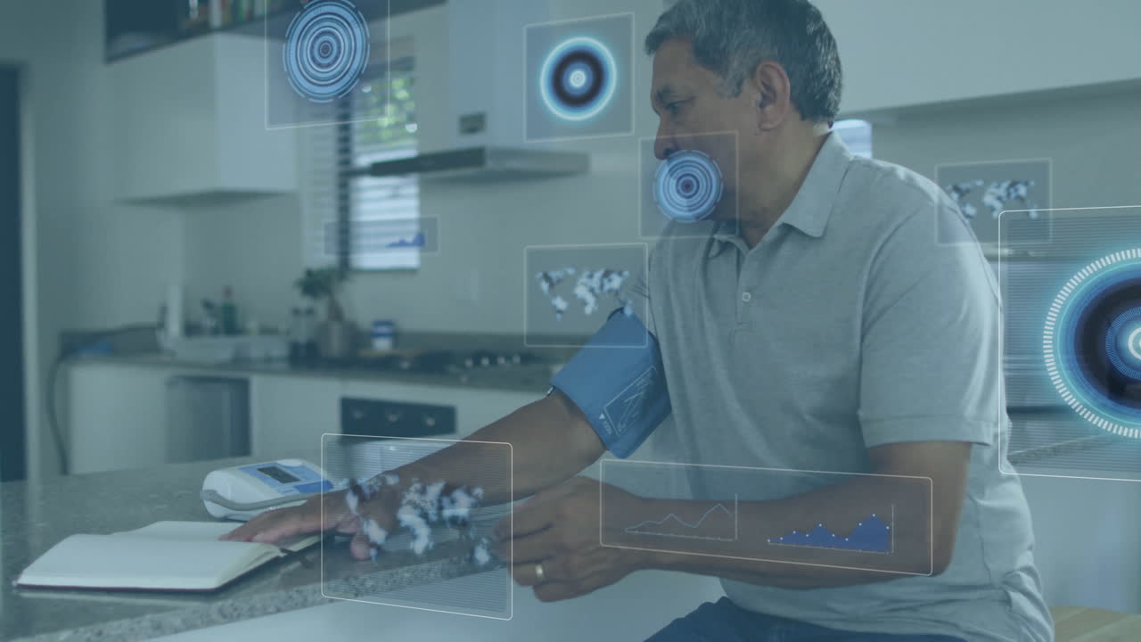 Elderly man checking blood pressure with digital health data animation in kitchen
