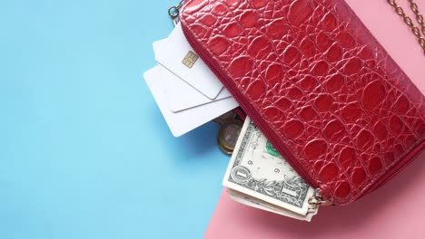 us dollar cash and credit card in leather on pink background