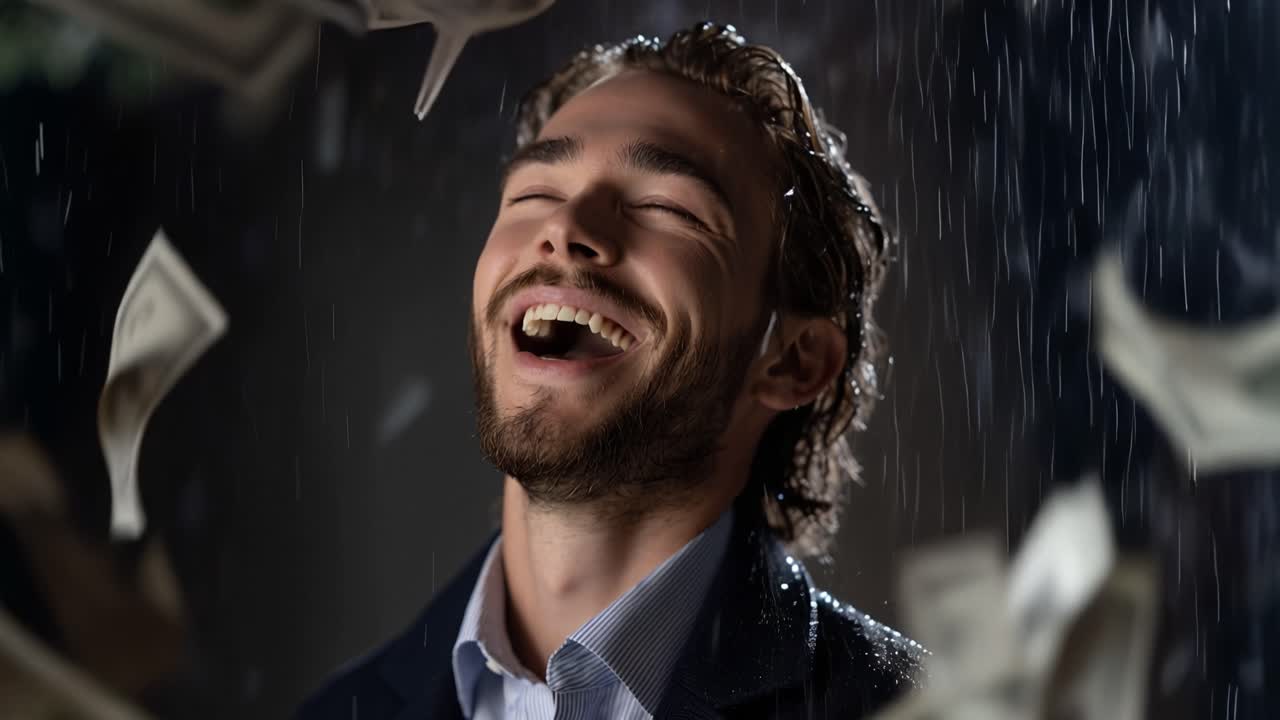 Un uomo ride gioiosamente mentre il denaro piove. Uno sfondo scuro enfatizza le banconote che cadono e la sua felicità. Le banconote si fondono, creando una scena surreale e abbondante. Ideale per temi di successo.
