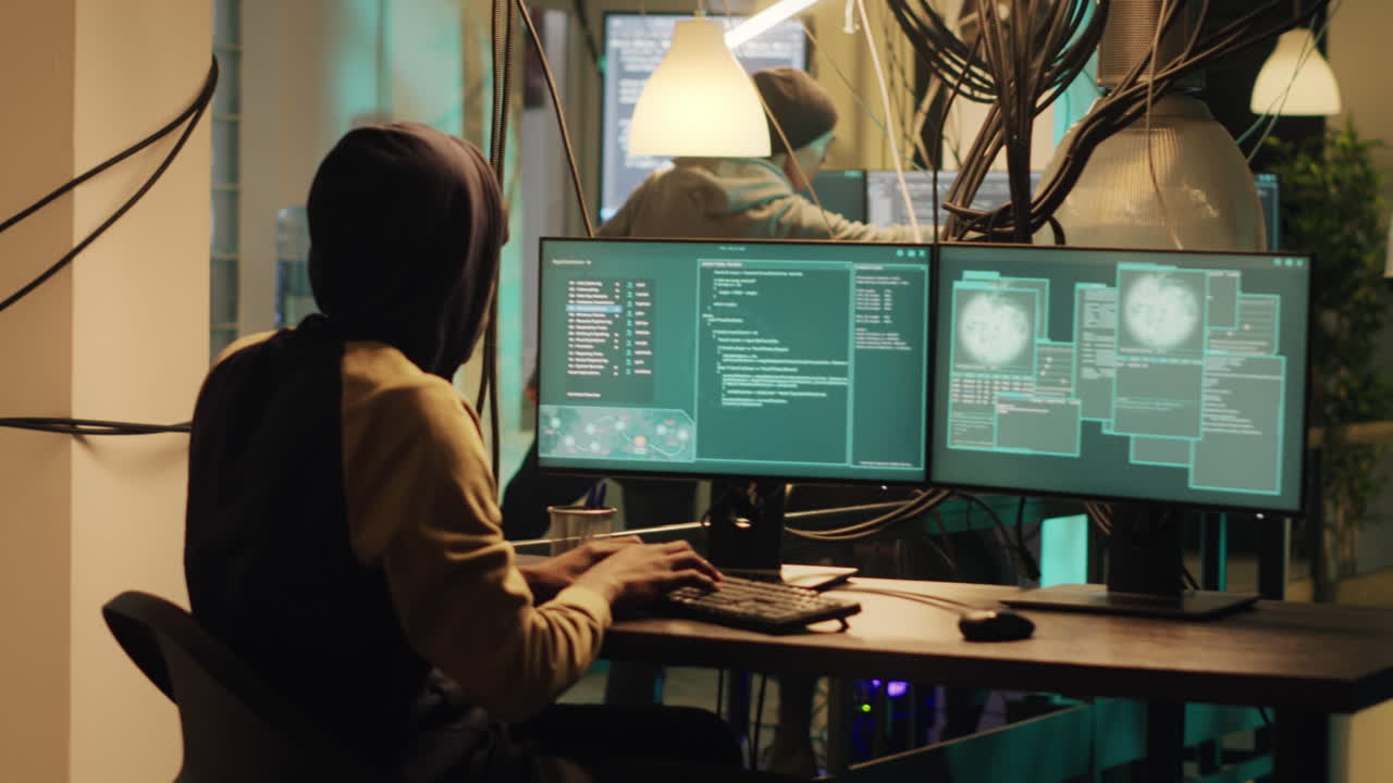 Hacker working on computer with code