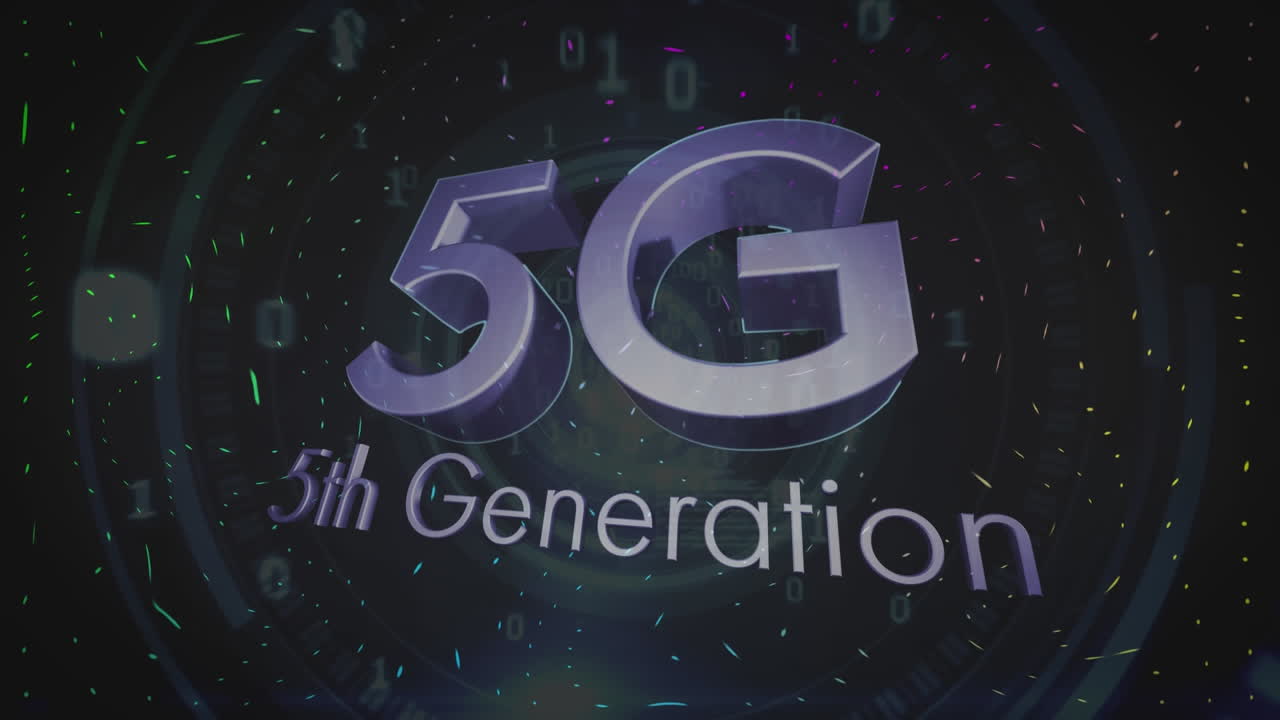 animación de texto plateado 5g 5a generación, con parpadeo de ojos y procesamiento de datos en negro