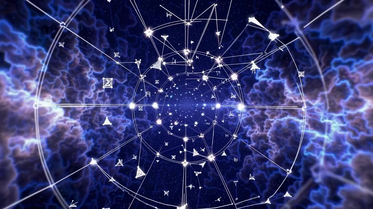 Viaggio Astratto in un Tunnel Digitale con Forme Geometriche Luminose ed Energia Elettrica