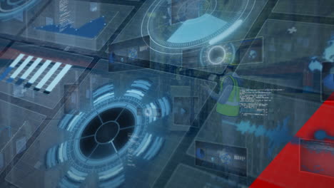 Animation with futuristic interface displaying data processing over industrial elements