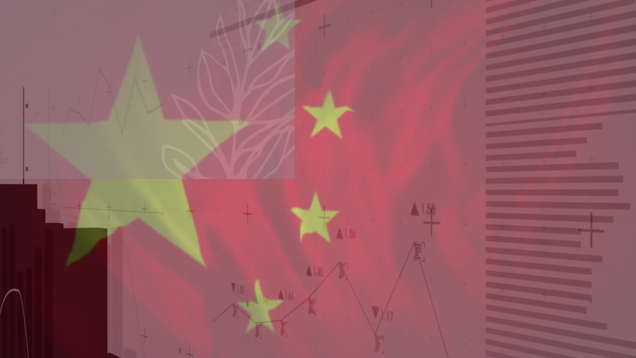 animación de la bandera de china y procesamiento de datos sobre el paisaje urbano