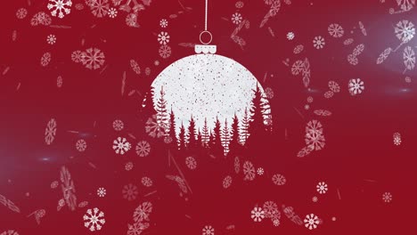 Animation-of-christmas-ball-over-snow-falling-on-red-background