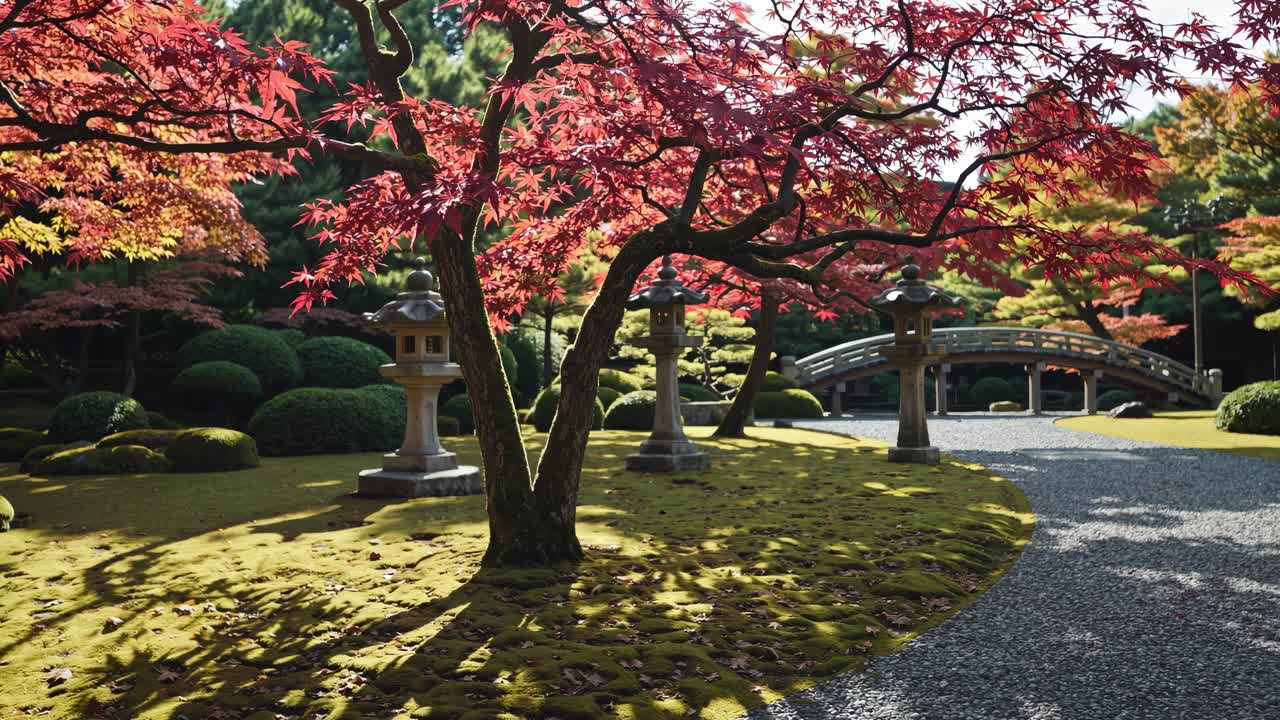 Serene Japanese garden scene with vibrant red maple leaves, captured from a low angle