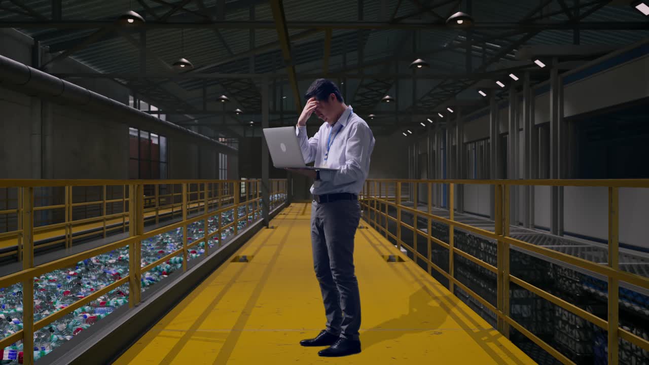 Full Body Side View Of An Asian Male Professional Worker Standing With His Laptop, Inspecting Plastic Recycling Factory with Conveyor of Bottles, Typing And Dissapionted With Nodding His Head