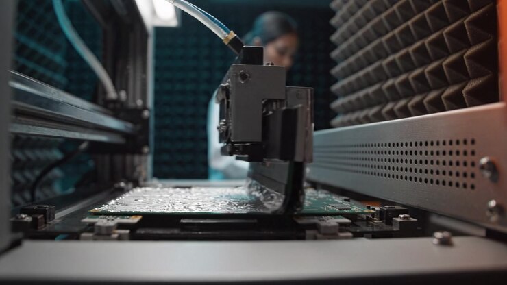 Innovative Precision in Electronics: A Skilled Technician Conducts an Intricate Procedure on a Circuit Board in a Controlled Environment for Quality Assurance
