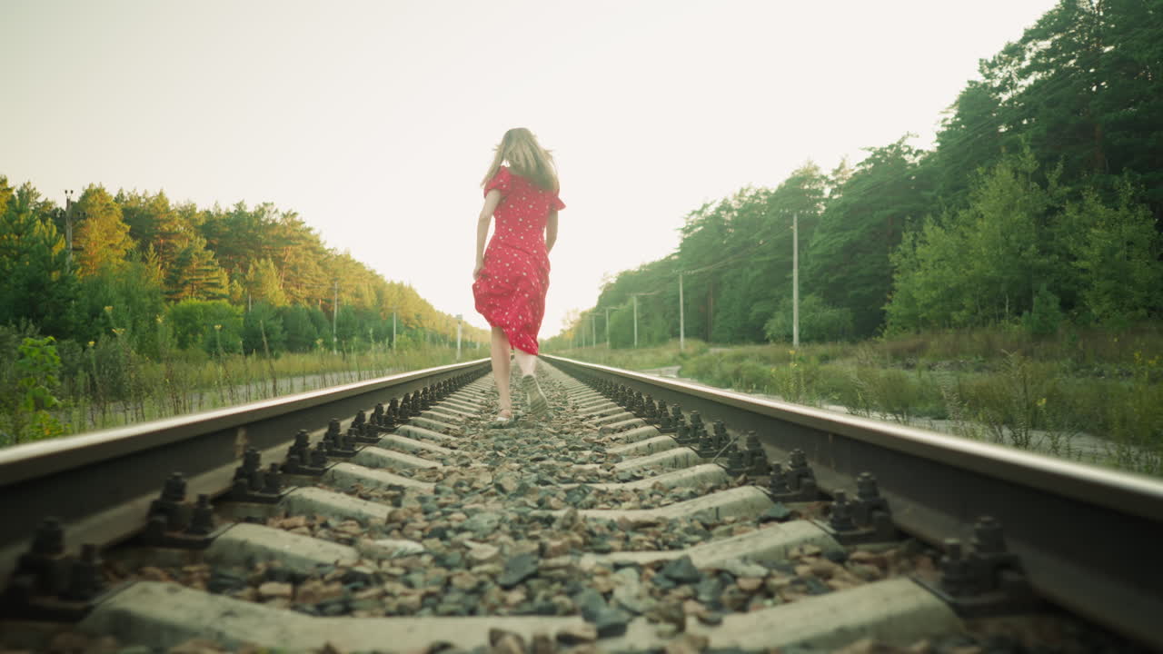 Back view of woman in red dress running barefoot along railway track in natural setting while holding her gown, surrounded by lush trees and gravel path under warm natural light