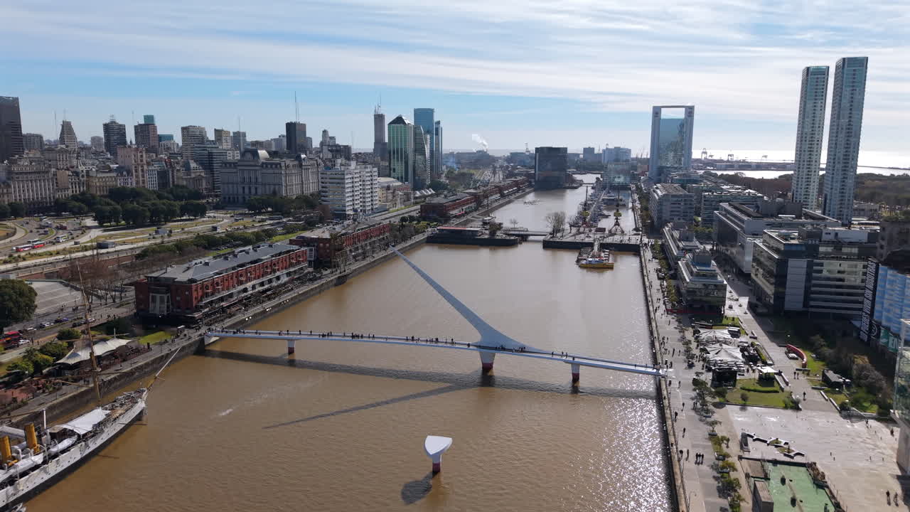 Aerial view of iconic bridge of woman, pedestrian bridge in Puerto Madero, Buenos Aires, Argentina