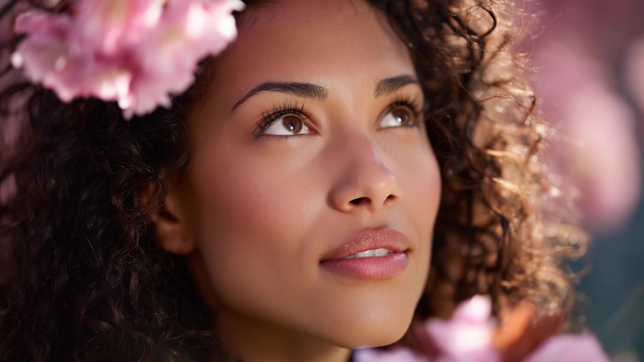 Un ritratto sereno di una donna con capelli ricci adornati da fiori rosa, che guarda pensierosa mentre la luce del sole esalta la sua bellezza naturale e l'ambiente floreale