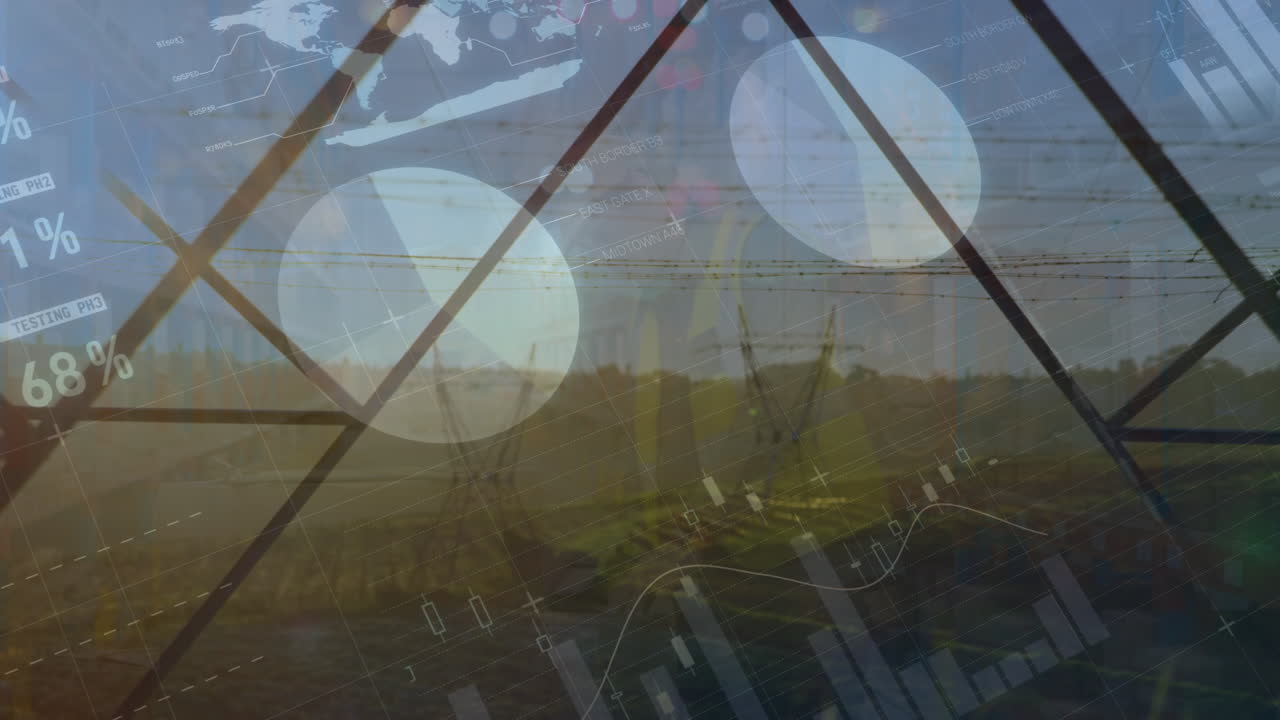 해가 지는 순간 전기 기둥 위의 그래프와 금융 데이터의 애니메이션