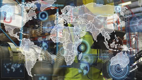 in school, animation overlaying world map with digital data and technology elements