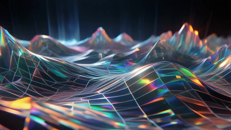 Paisagem Geométrica Iridescente Abstrata com Malha de Wireframe Brilhante.